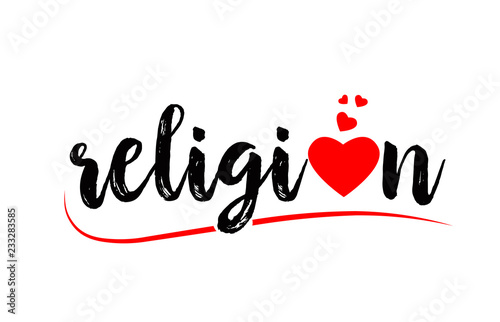 religion word text typography design logo icon with red love heart