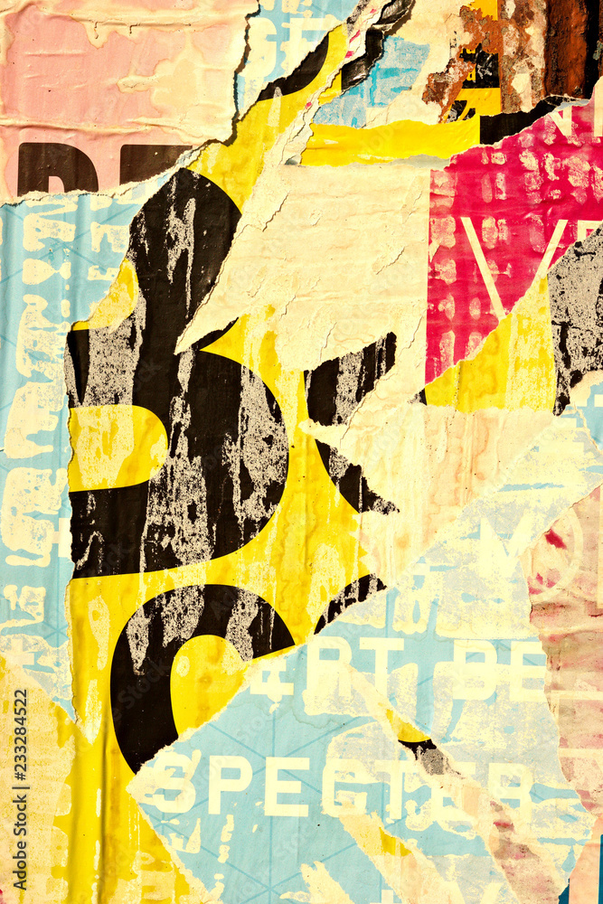 Fototapeta premium Old grunge ripped torn vintage collage posters creased crumpled paper surface placard texture background backdrop empty space for text letter
