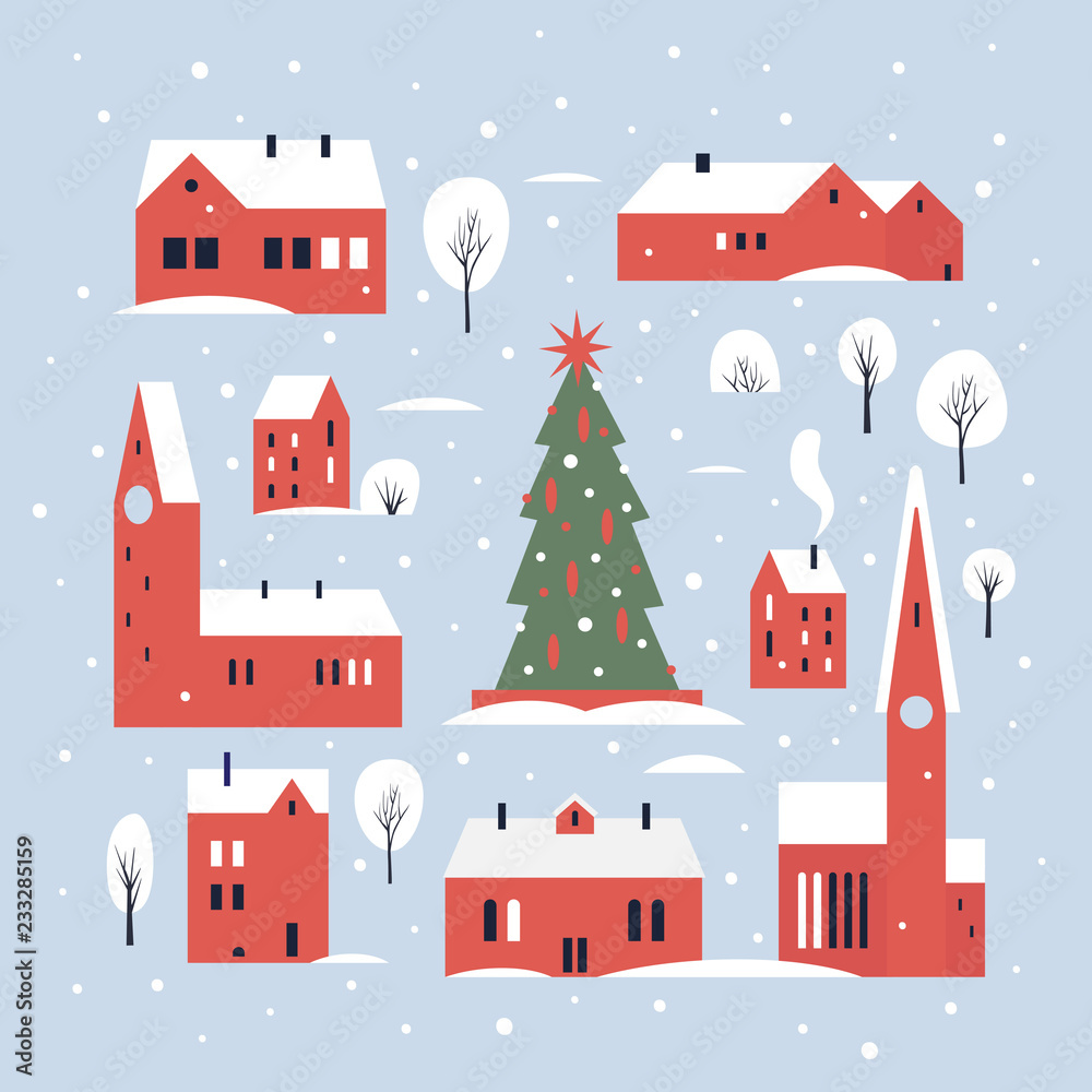 Urban winter landscape with beautiful various buildings, towers and New Year's fir. Small cute town, decorated for the New Year holidays in snow. Christmas picture. Vector colorful illustration.