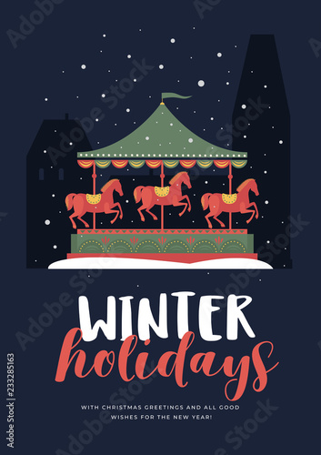 Greeting card with the image of a festive carousel with horses in snowy evening city. Decorative composition perfect for Christmas and New Year cards, posters. Vector colorful illustration.