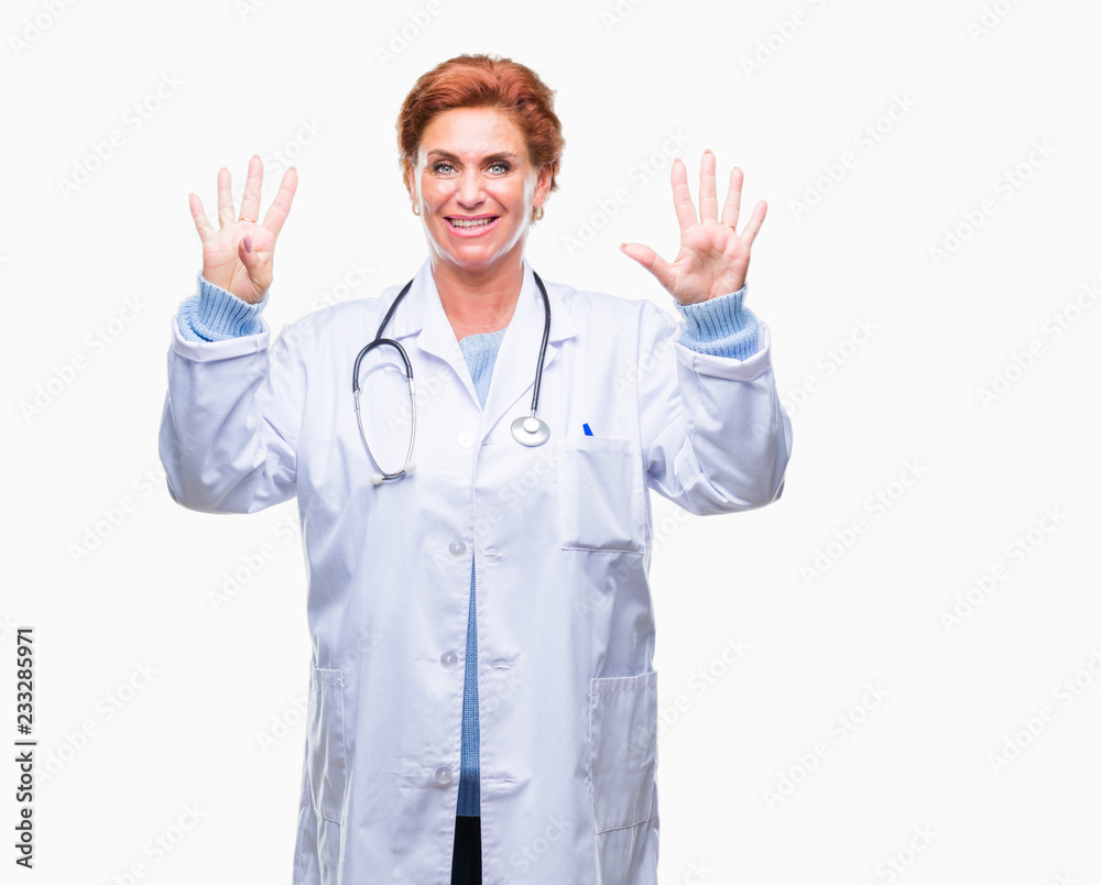 Senior caucasian doctor woman wearing medical uniform over isolated background showing and pointing up with fingers number nine while smiling confident and happy. Senior caucasian doctor woman wearing medical uniform over isolated background showing and pointing up with fingers number nine while smiling confident and happy.