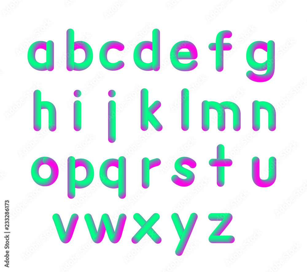 Vector illustration of soft flexible neon 3D font small letters. Alphabet isolated on a white background Matte liquid Purple and green colors.