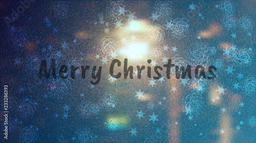 Frosty Christmas window with ice patterns. Lettering Merry Christmas. Winter color background with lights. Vector illustration