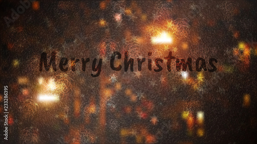 Frosty Christmas window with ice patterns. Lettering Merry Christmas. Winter night background with lights. Vector illustration