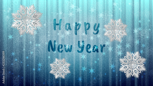 Frosty Christmas window with ice patterns. Lettering Happy New Year. Snowflakes cut from paper on glass. Vector illustration