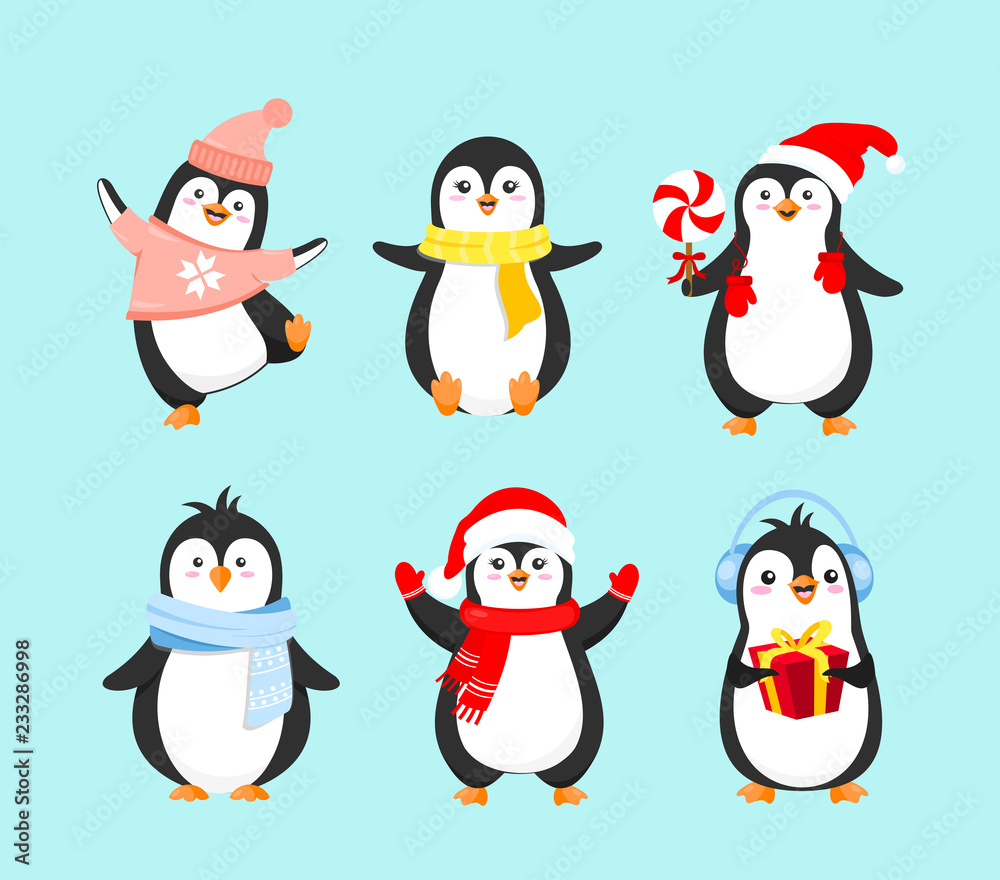 Fototapeta premium Vector illustration set of cute penguins in winter clothes. Merry Christmas concept, happy New Year and winter holidays. Penguins collection on light blue background in cartoon flat style.