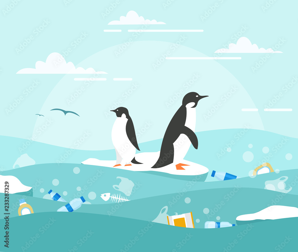 Obraz premium Vector illustration concept of ocean pollution with plastic waste. Penguins on the small piece of ice and lot of waste around in the water. Environmental protection concept in flat style.
