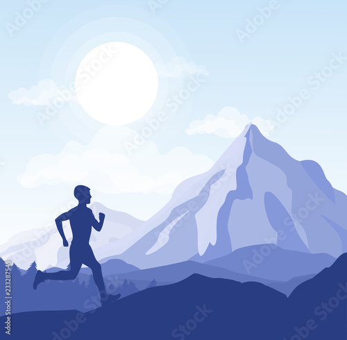 Vector illustration of running man in wild nature mountains landscape in silhouette.