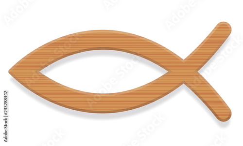 Jesus fish. Wooden textured Christian symbol consisting of two intersecting arcs. Also called ichthys or ichthus, the Greek word for fish. Illustration. Vector.