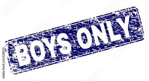 BOYS ONLY stamp seal print with grunge texture. Seal shape is a rounded rectangle with frame. Blue vector rubber print of BOYS ONLY text with unclean texture.
