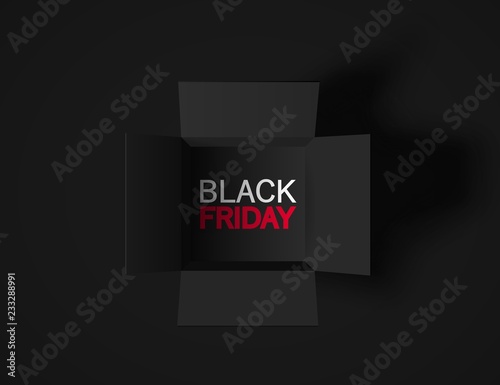 Black Friday banner. Top view on realistic black box isolated on dark background. Vector