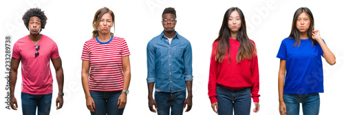 Composition of african american, hispanic and chinese group of people over isolated white background puffing cheeks with funny face. Mouth inflated with air, crazy expression.