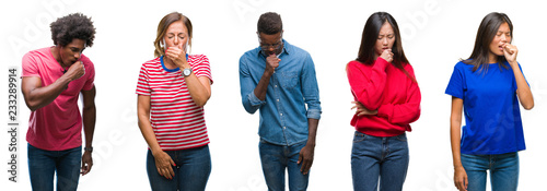 Composition of african american, hispanic and chinese group of people over isolated white background feeling unwell and coughing as symptom for cold or bronchitis. Healthcare concept.