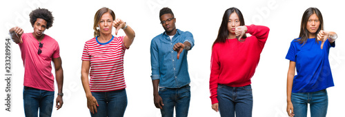 Composition of african american, hispanic and chinese group of people over isolated white background looking unhappy and angry showing rejection and negative with thumbs down gesture. Bad expression.