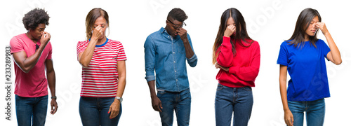 Composition of african american, hispanic and chinese group of people over isolated white background tired rubbing nose and eyes feeling fatigue and headache. Stress and frustration concept.