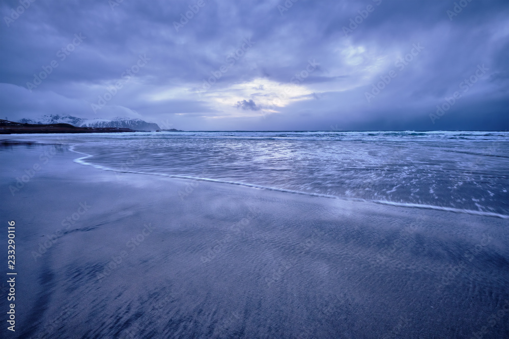 Skagsanden beach on sunset, Lofoten islands, Norway Skagsanden beach on sunset, Lofoten islands, Norway