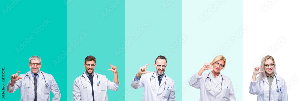 Fototapeta premium Collage of group of doctor people wearing stethoscope over colorful isolated background smiling and confident gesturing with hand doing size sign with fingers while looking and the camera