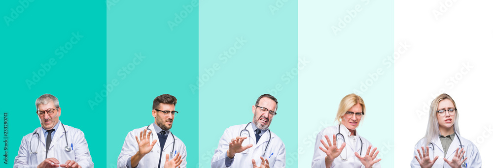 Fototapeta premium Collage of group of doctor people wearing stethoscope over colorful isolated background disgusted expression, displeased and fearful doing disgust face because aversion reaction. With hands raised
