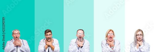Fotografía Collage of group of doctor people wearing stethoscope over colorful isolated background shouting and suffocate because painful strangle
