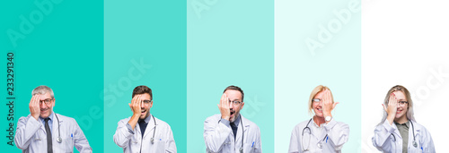 Collage of group of doctor people wearing stethoscope over colorful isolated background covering one eye with hand with confident smile on face and surprise emotion.