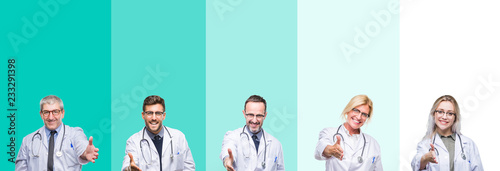 Collage of group of doctor people wearing stethoscope over colorful isolated background smiling friendly offering handshake as greeting and welcoming. Successful business.