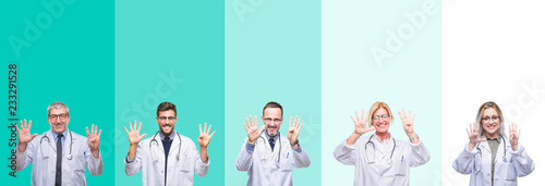 Collage of group of doctor people wearing stethoscope over colorful isolated background showing and pointing up with fingers number nine while smiling confident and happy.