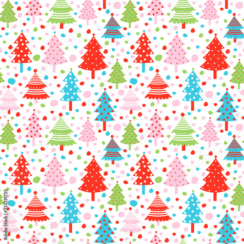 Seamless vector pattern with Christmas tree in pink, blue and red color