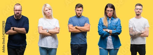 Collage of group people, women and men over colorful yellow isolated background skeptic and nervous, disapproving expression on face with crossed arms. Negative person.