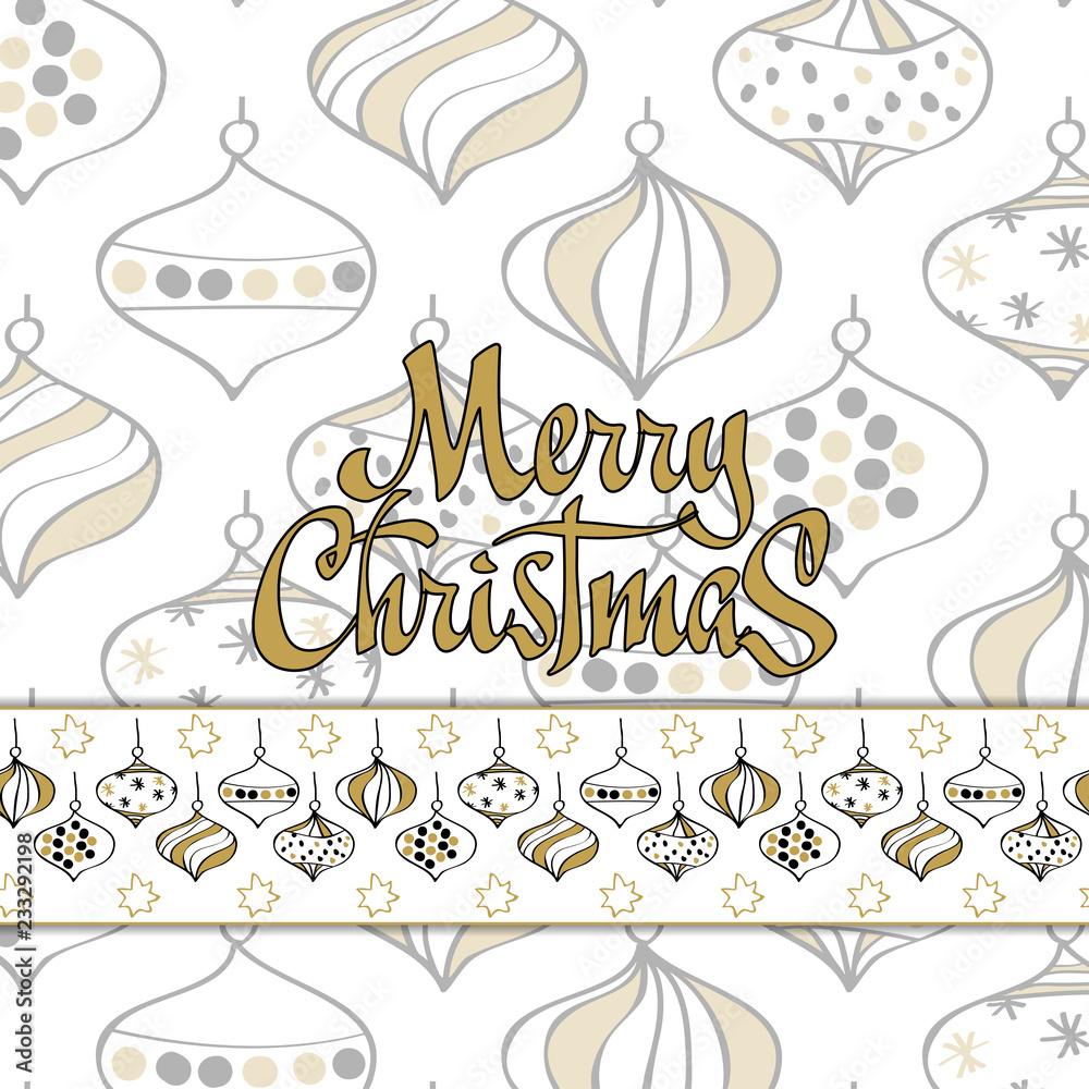 Merry Christmas card with horizontal christmas toys seamless pattern 400x80