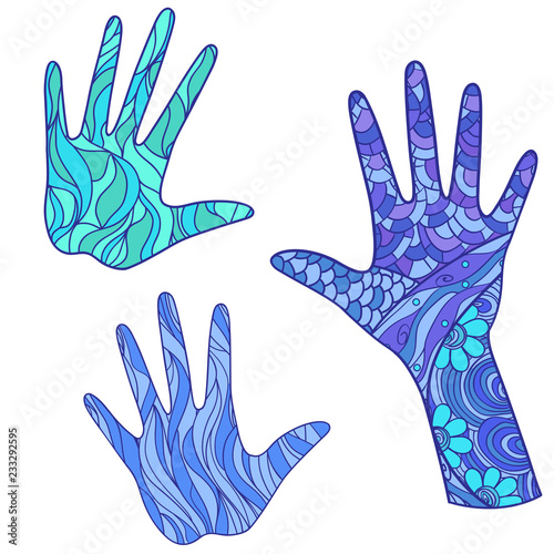 Arm. Hands. Doodles with abstract patterns on isolation background. Design for spiritual relaxation for adults. Objects for banners, posters, t-shirts and textiles