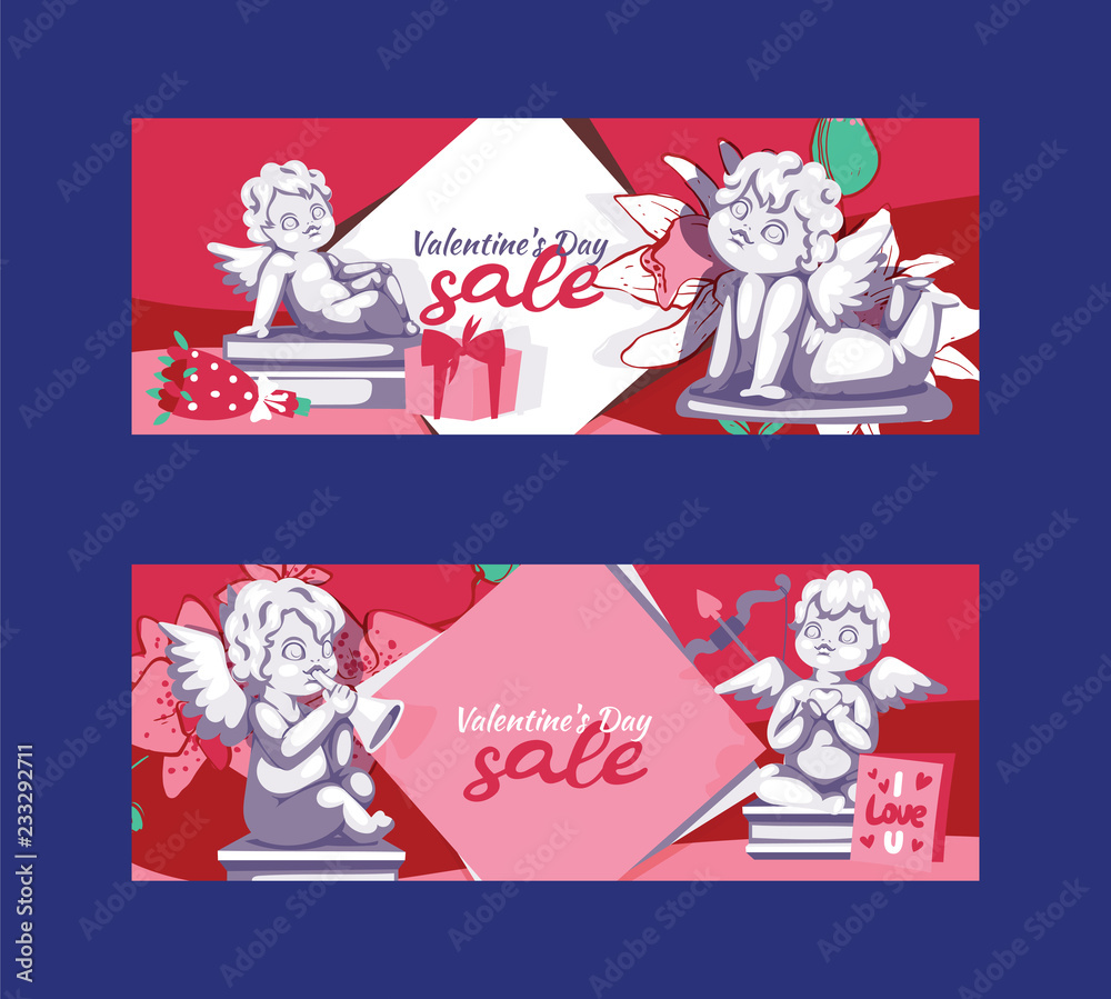 Valentines day angel statue sale offer banner template vector illustration. Clearance background flyer, poster.