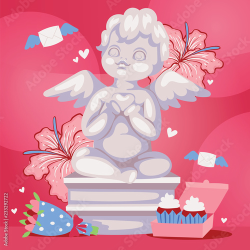 Angelic cupid sculpture background vector illustration. Romantic angel statue with flowers. Valentines or wedding day background banner, poster.