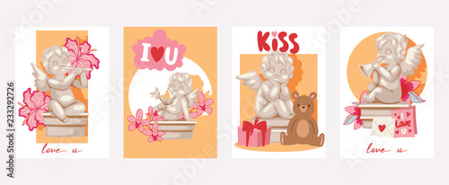 Valentine day cards angel statue vector illustration. Angelic cupid sculptures with flowers, musical instruments, gifts in cards.