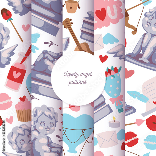 Cupid statue seamless pattern vector illustration set. Lovely angel sculptures with flowers, musical instruments, sweets, arrows. Angel for Valentines or wedding day.