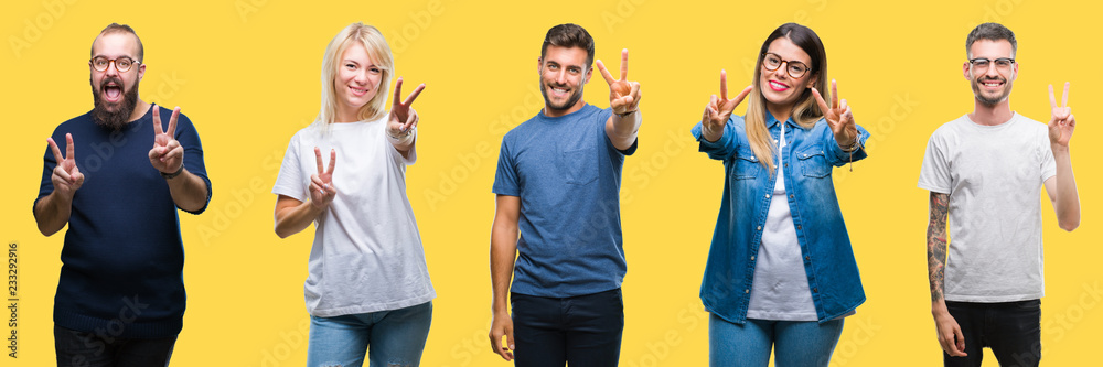 Collage of group people, women and men over colorful yellow isolated background smiling looking to the camera showing fingers doing victory sign. Number two. Collage of group people, women and men over colorful yellow isolated background smiling looking to the camera showing fingers doing victory sign. Number two.
