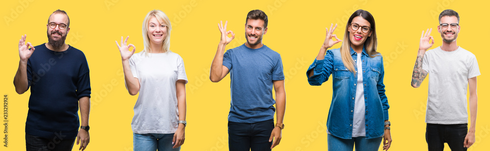 Collage of group people, women and men over colorful yellow isolated background smiling positive doing ok sign with hand and fingers. Successful expression. Collage of group people, women and men over colorful yellow isolated background smiling positive doing ok sign with hand and fingers. Successful expression.