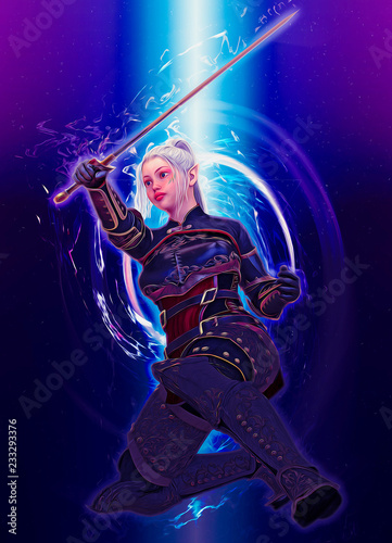 Woman elf warrior with sword on fantasy abstract background 3D illustration