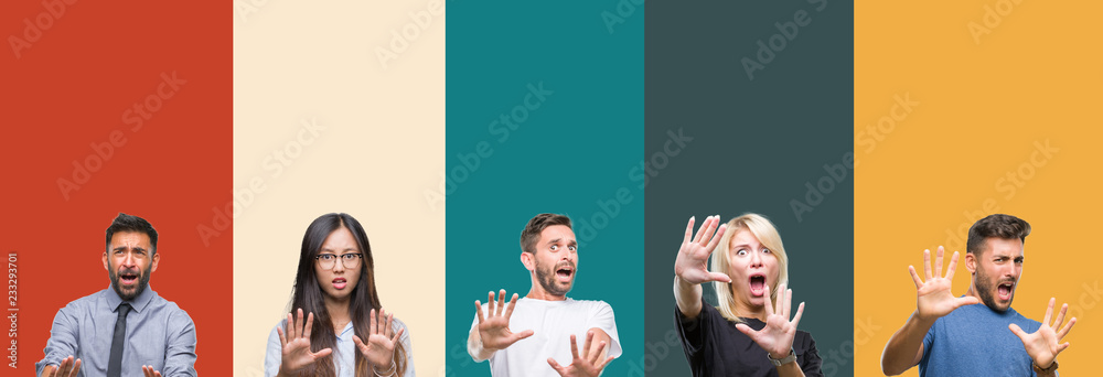 Obraz premium Collage of different ethnics young people over colorful stripes isolated background afraid and terrified with fear expression stop gesture with hands, shouting in shock. Panic concept.