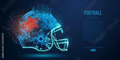 Abstract American football helmet from particles, lines and triangles on blue background. Rugby. All elements on a separate layers, color can be changed to any other in one click. Vector illustration
