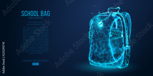 School backpack isolated from low poly wire frame particles lines and triangles on blue background. All elements on a separate layers color can be changed to any other in one click vector illustration