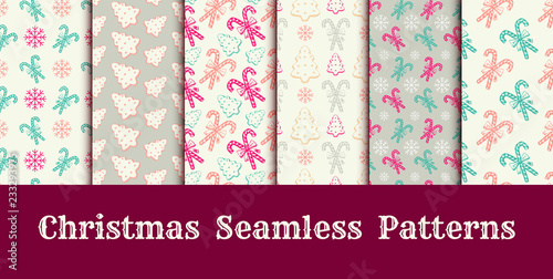 Christmas Seamless Patterns for Holiday Scrapbooking or Gift Wrapping Papers. Xmas Textures Set with Pepprmint Candy Cane Stick with Bow, Snowflakes and Pine Tree Cookies or Biscuits for 2019 New year