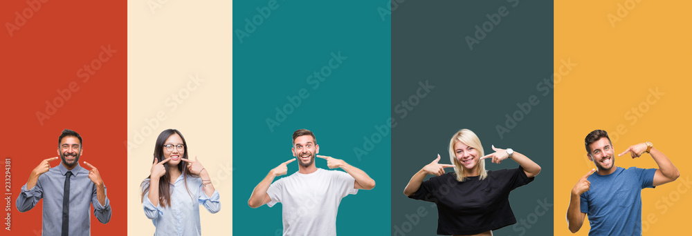 Obraz premium Collage of different ethnics young people over colorful stripes isolated background smiling confident showing and pointing with fingers teeth and mouth. Health concept.