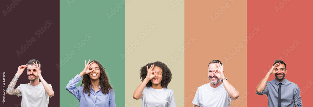 Obraz premium Collage of group of young and senior people over colorful isolated background doing ok gesture with hand smiling, eye looking through fingers with happy face.