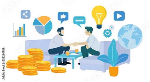 Partnership Concept. Financing of creative projects. Handshake of two business men. Agreement of parties. Signing documents. The investor holds money in ideas. Business team. Vector illustration.