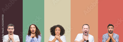 Fotografía Collage of group of young and senior people over colorful isolated background shouting and suffocate because painful strangle