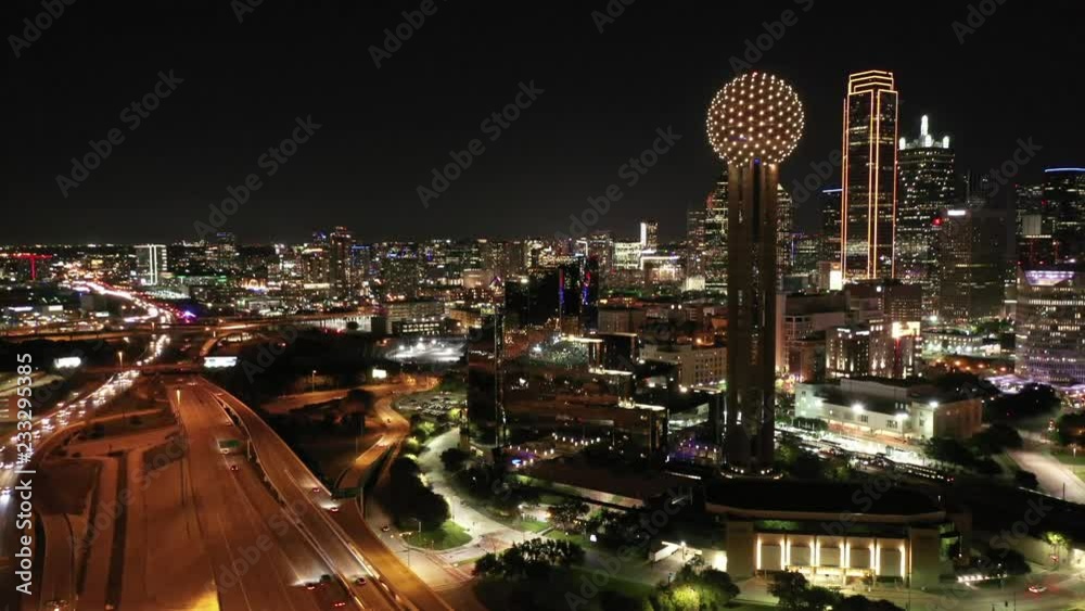Aerial of Downtown Dallas, Texas at Night