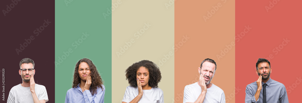 Obraz premium Collage of group of young and senior people over colorful isolated background touching mouth with hand with painful expression because of toothache or dental illness on teeth. Dentist concept.