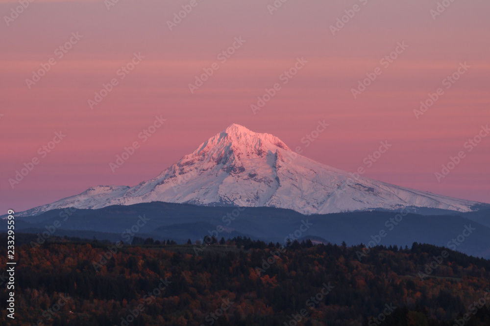 Pink sunset over Mount Hood, Jonsrud Viewpoint in Sandy, Oregon