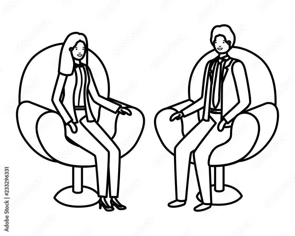 business couple sitting in chair avatar character