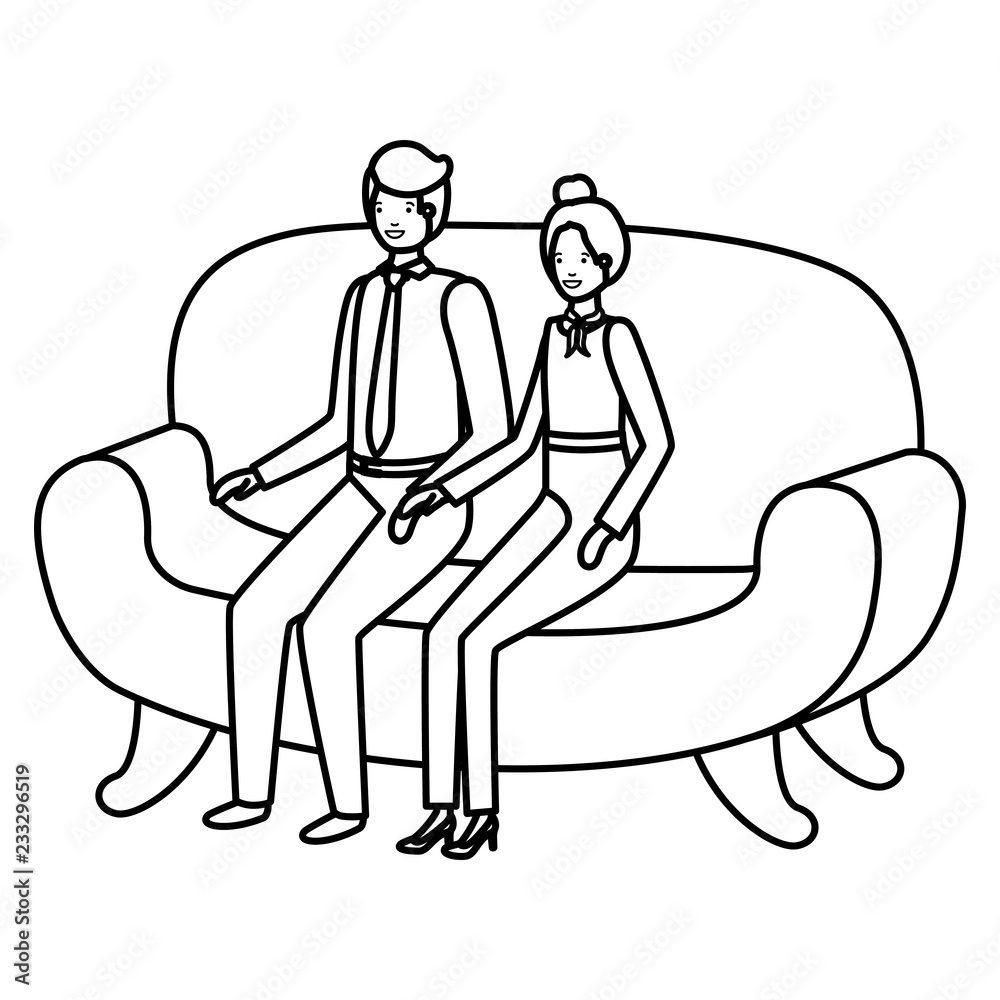 business couple sitting in sofa avatar character